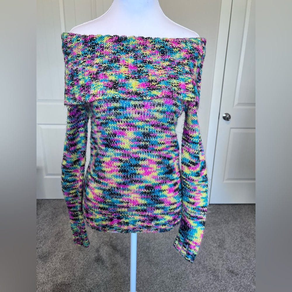 Multicolor with silver sparkle thread Off-Shoulder Sweater Y2K Sz Small-ish